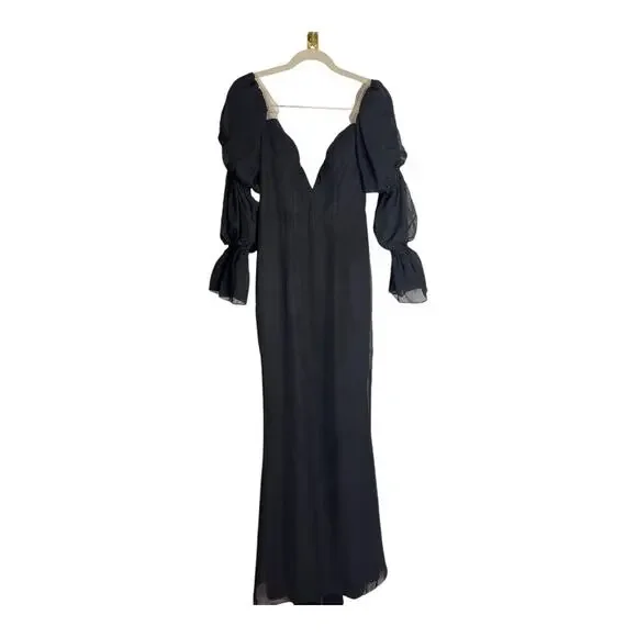 Katie May Estella Gown Maxi Dress Off The Shoulder Chiffon Ruffle Black Size XS